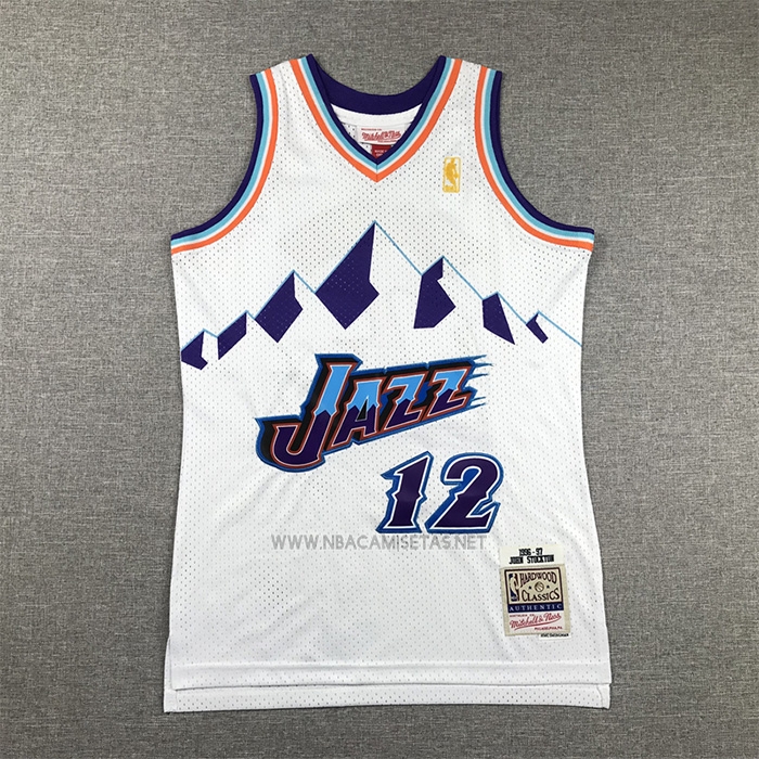 Camiseta Nino Utah Jazz John Stockton NO 12 Hardwood Classics Throwback 1996-97 Blanco